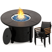 LIFERUN 42 in Propane Fire Pit Table with 4 Stackable Aluminum Dining Chairs  50,000 BTU Round Fire Pit with Lid, Converts to Patio Coffee Table, for Poolside, Balcony, Terrace Brown