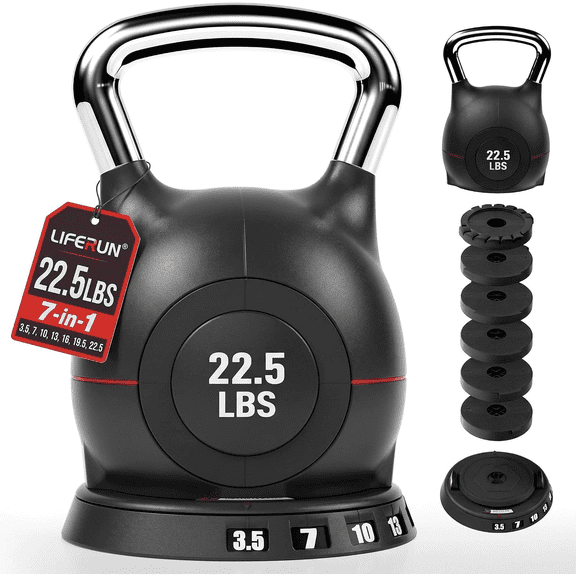 LIFERUN 7in1 Adjustable Kettlebell Set, Choose 22.5 lb or 44 lb, Quick-Change Weight Dial & Safety Lock, Aluminum Handle, Space-Saving for Home Gym