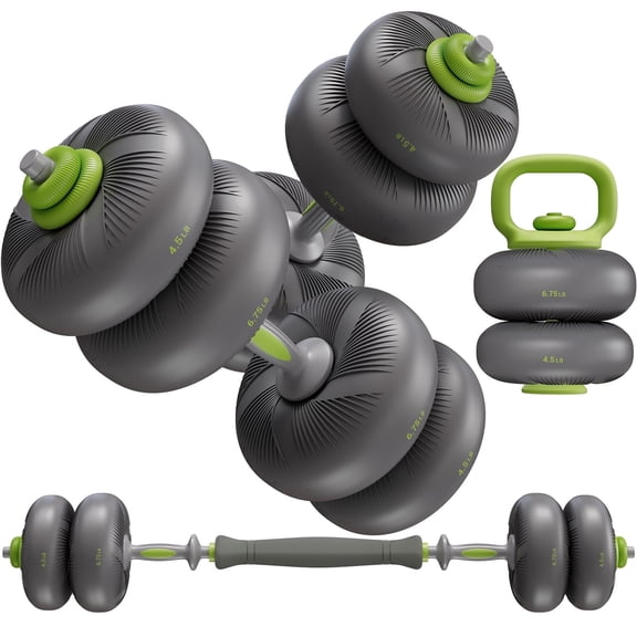 LIFERUN Adjustable Dumbbell Set, Soft PVC, 45lbs/67lbs Free Weight Set. 4-in-1: Barbell, Dumbbells, Kettlebell, Weight Plates, Green.