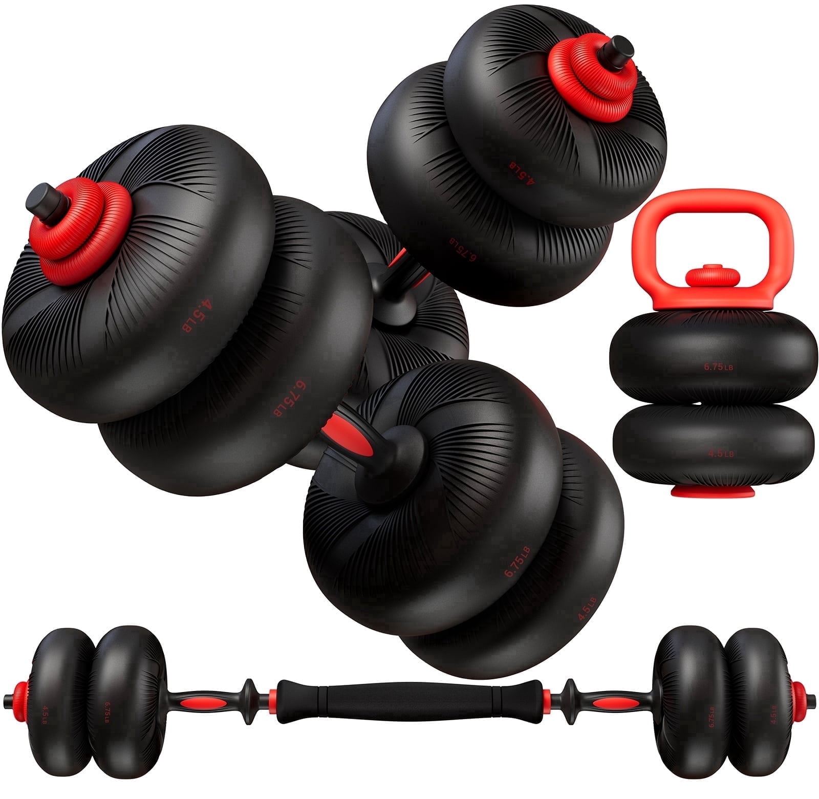 LIFERUN Adjustable Dumbbell Set, Soft PVC, 45lbs/67lbs Free Weight Set. 4-in-1: Barbell, Dumbbells, Kettlebell, Weight Plates,Red