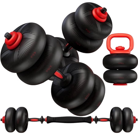 LIFERUN Adjustable Dumbbell Set, Soft PVC, 45lbs/67lbs Free Weight Set. 4-in-1: Barbell, Dumbbells, Kettlebell, Weight Plates,Red