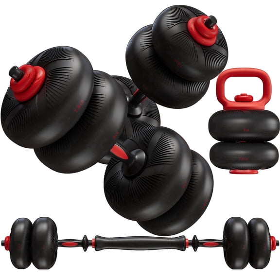 LIFERUN Adjustable Dumbbell Set, Soft PVC, 45lbs/67lbs Free Weight Set. 4-in-1: Barbell, Dumbbells, Kettlebell, Weight Plates, Red
