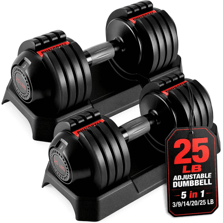 LIFERUN Adjustable Dumbbells Set of 2, 25 lb Pair 50 lbs Total, 5 in 1 Free Weight Dumbbells, 1-Second Dial Adjust, for Home Gym