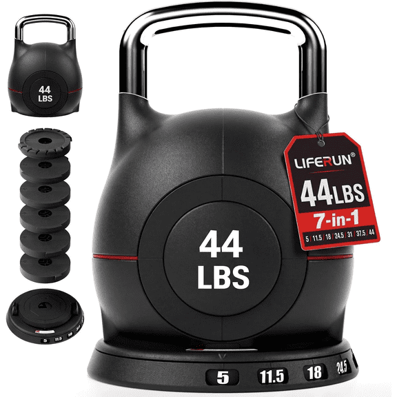 LIFERUN Adjustable Kettlebell Set-7in1 Kettlebells, Choose 22.5 lb or 44 lb, Quick-Change Weight Dial & Safety Lock, Aluminum Handle, Full-Body Workout
