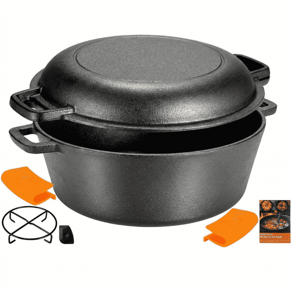 LIFERUN Cast Iron Dutch Oven with Lid, Pot (5.1QT) and Lid as a Skillet(1.9QT) - Dutch Oven with Stand, Easy Clean, for Oven, Stove, Grill, Campfire
