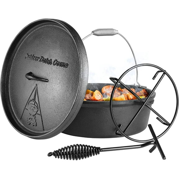LIFERUN Dutch Oven Pot with Lid, 12 Quart Cast Iron Dutch Oven, without Feet, with Stand & Spiral-shaped Handle, Cast Iron Pot for Outdoor & Indoor, black