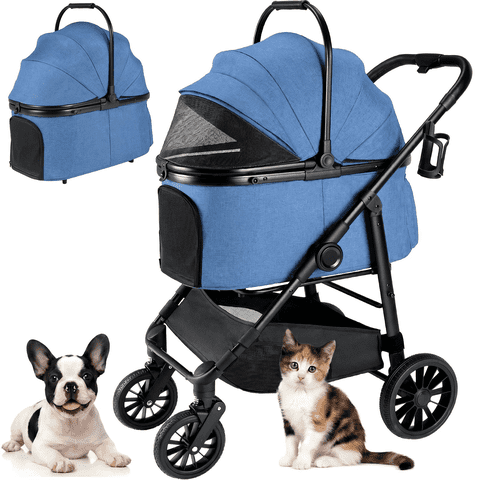 LIFERUN Foldable 4 Wheels Pet Stroller for Small/Medium Dogs Cats up to 55lbs, 3-in-1 Dog Stroller, Detachable Carrier and One-Click Folding Design, Travel Puppy Cart, Blue