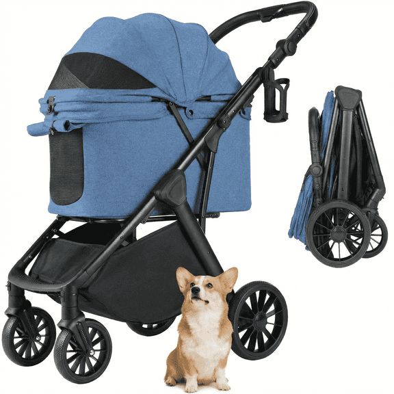 LIFERUN Foldable Dog Stroller for Medium Dogs Cats up to 55 lbs, Aluminum and Carbon Steel Frame Pet Stroller, Height-Adjustable Handle, 4 Wheels, Blue