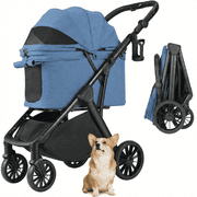 LIFERUN Foldable Dog Stroller for Medium Dogs Cats up to 55 lbs, Aluminum and Carbon Steel Frame Pet Stroller, Height-Adjustable Handle, 4 Wheels, Blue