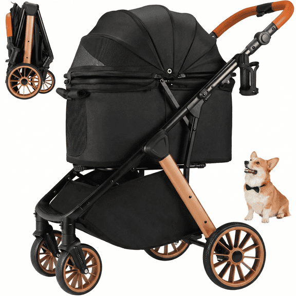 LIFERUN Foldable Dog Stroller for Medium Small Dogs Cats Up to 55 Lbs, Aluminum and Carbon Steel Frame Pet Stroller, Height-Adjustable Handle, Zipperless Design, Shock Absorbers, Black