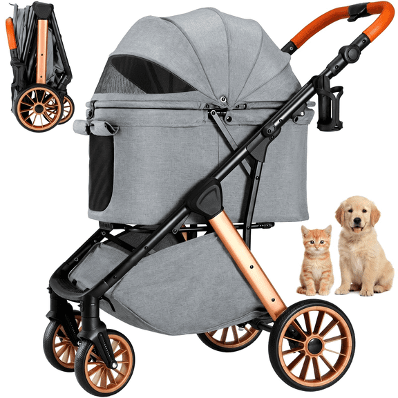 LIFERUN Foldable Dog Stroller for Medium Dogs Cats up to 55 lbs, Aluminum and Carbon Steel Frame Pet Stroller, Height-Adjustable Handle, 4 Wheels, Gray