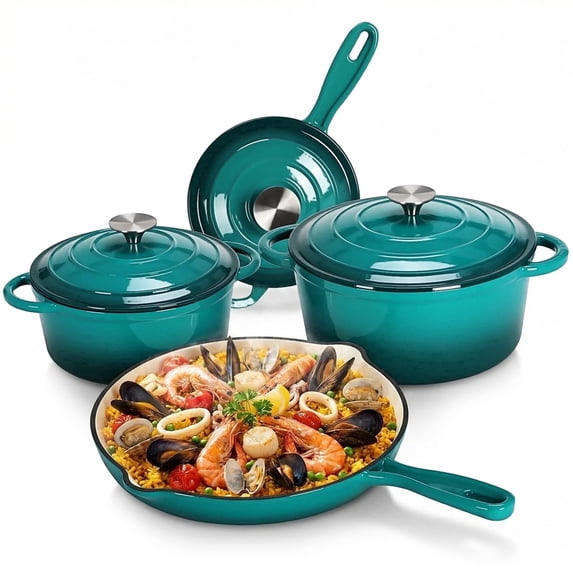 LIFERUN Nonstick Enameled Cast Iron Cookware Set, 7Pcs Pots and Pans, Gas/Induction Dutch Oven Set, Green