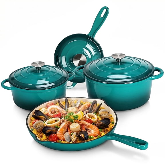 LIFERUN Nonstick Enameled Cast Iron Cookware Set, 7Pcs Pots and Pans, Gas/Induction Dutch Oven Set, Green
