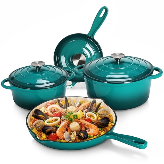 LIFERUN Nonstick Enameled Cast Iron Cookware Set, 7Pcs Pots and Pans Set, Gas/Induction Dutch Oven Set, Green