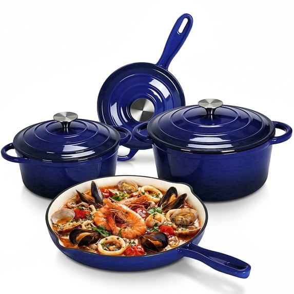 LIFERUN Nonstick Enameled Cast Iron Cookware Set, 7Pcs Pots and Pans, Gas/Induction Dutch Oven Set, Navy Blue
