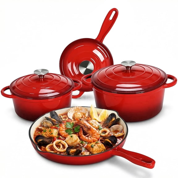 LIFERUN Nonstick Enameled Cast Iron Cookware Set, 7Pcs Pots and Pans, Gas/Induction Dutch Oven Set, Red
