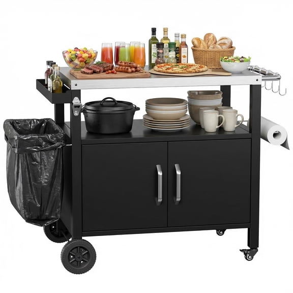 LIFERUN Outdoor Grill Cart with Storage Cabinet, Outdoor Grill Station with Stainless Steel Top, for Outside Dining, BBQ Food Prep