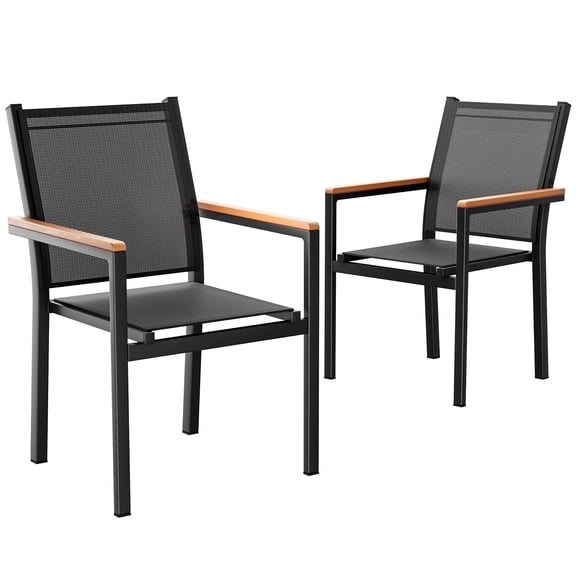 LIFERUN Patio Chairs Set of 2, Stackable Aluminum Dining Chair with Textilene Fabric & WPC Handrail, 17" Seat Height, All Weather Outdoor Chair for Poolside, Balcony, Terrace & Restaurants, Black