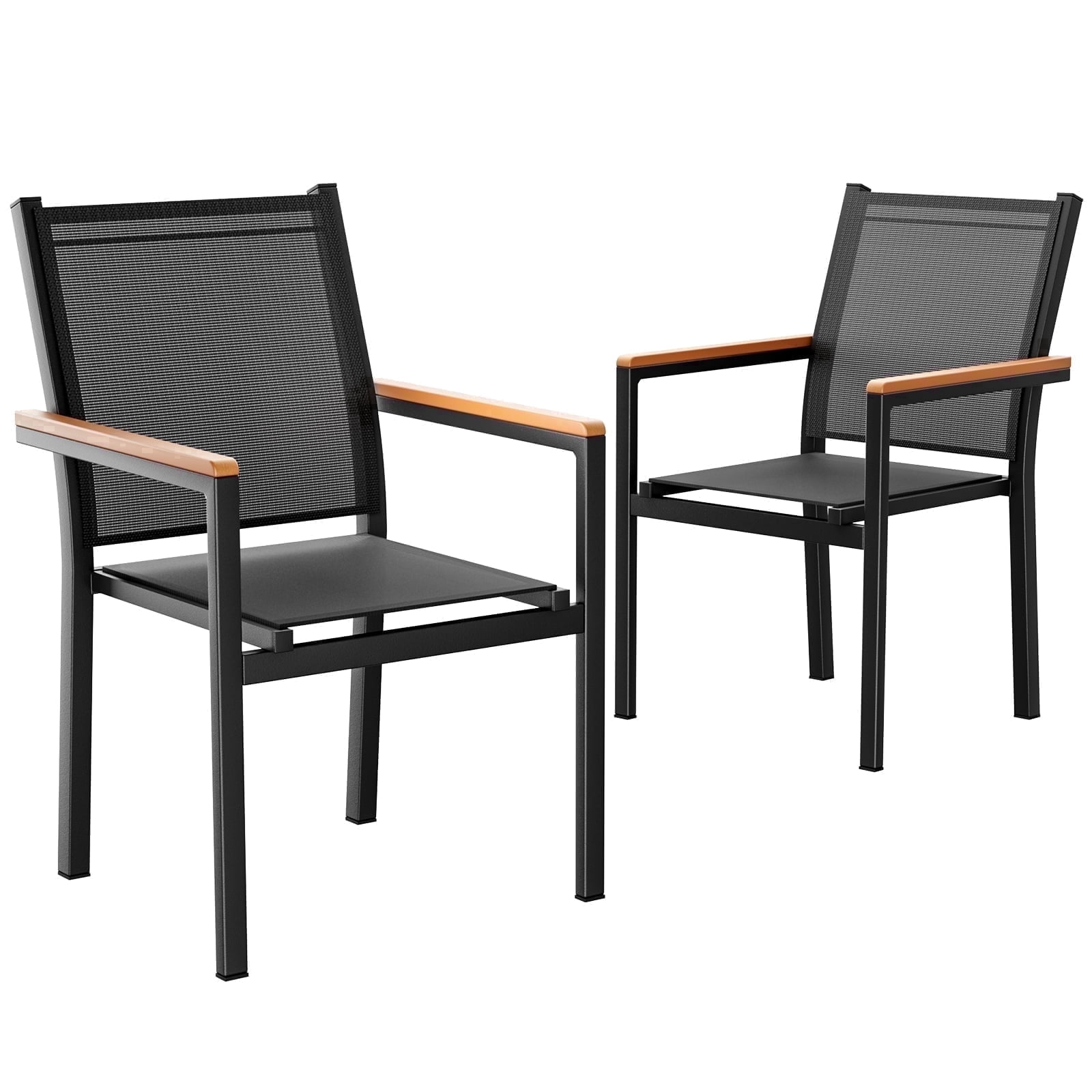 LIFERUN Patio Chairs Set of 2, Stackable Aluminum Dining Chair with Textilene Fabric & WPC Handrail, 17" Seat Height, All Weather Outdoor Chair for Poolside, Balcony, Terrace & Restaurants, Black