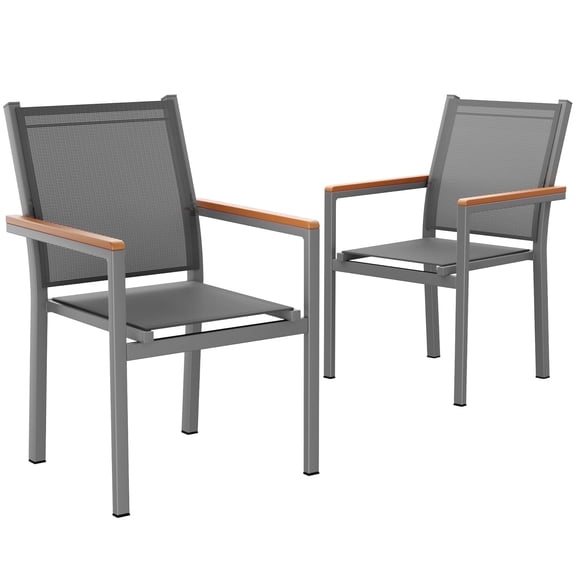 LIFERUN Patio Chairs Set of 2, Stackable Aluminum Dining Chair with Textilene Fabric & WPC Handrail, 17" Seat Height, All Weather Outdoor Chair for Poolside, Balcony, Terrace & Restaurants, Grey