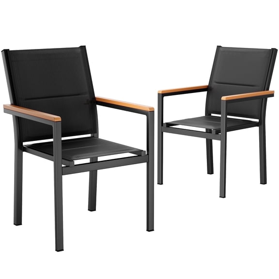 LIFERUN Patio Chairs Set of 2, Stackable Aluminum Outdoor Chair with Quilted Textilene & WPC Handrail, 17" Seat Height, All Weather Chair for Patio, Balcony, Poolside & Restaurants, Black