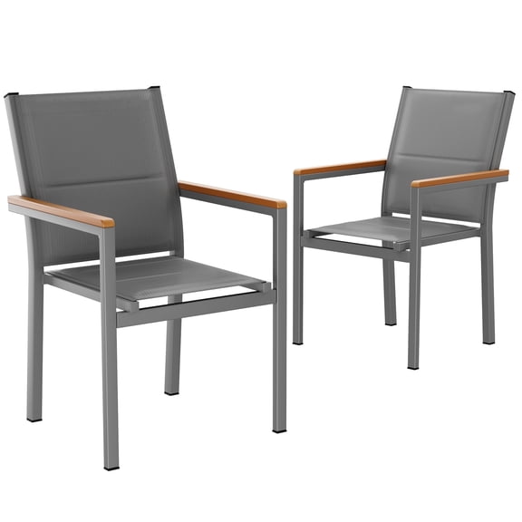 LIFERUN Patio Chairs Set of 2, Stackable Aluminum Outdoor Dining Chair with Quilted Textilene & WPC Handrail, 17" Seat Height, All Weather Chair for Patio, Balcony, Poolside & Restaurants, Gray