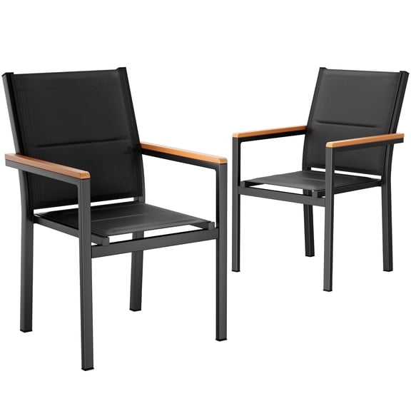 LIFERUN Patio Chairs Set of 2, Stackable Aluminum Outdoor Dining Chair with Quilted Textilene & WPC Handrail, 17" Seat Height, All Weather Chair for Patio, Balcony, Poolside & Restaurants, Black