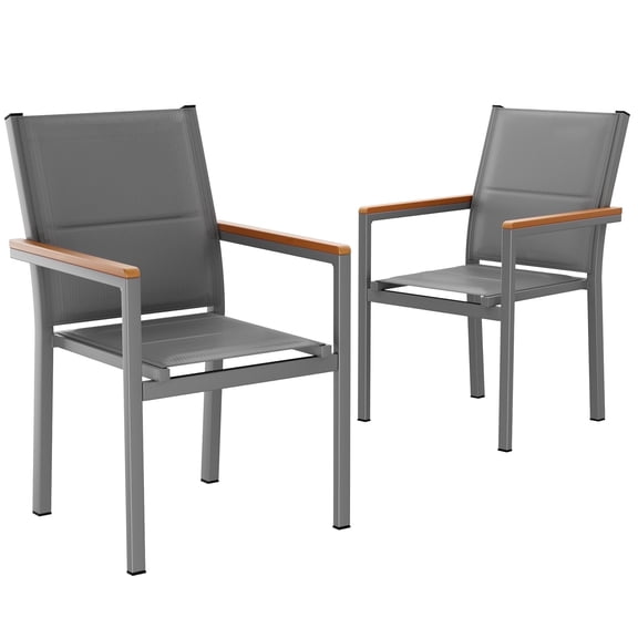 LIFERUN Patio Chairs Set of 2, Stackable Aluminum Outdoor Chair with Quilted Textilene & WPC Handrail, 17" Seat Height, All Weather Chair for Patio, Balcony, Poolside & Restaurants, Gray