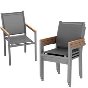 LIFERUN Patio Chairs Set of 4, Stackable Aluminum Dining Chair with Textilene Fabric & WPC Handrail, All Weather Outdoor Chair for Poolside, Balcony, Terrace & Restaurants, Grey
