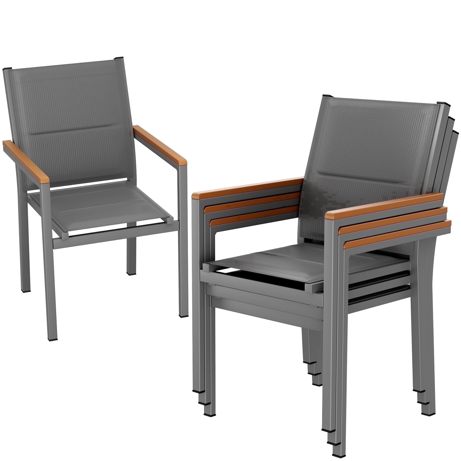 LIFERUN Patio Chairs Set of 4, Stackable Aluminum Outdoor Chair with Quilted Textilene & WPC Handrail, 17" Seat Height, All Weather Chair for Patio, Balcony, Poolside & Restaurants, Gray