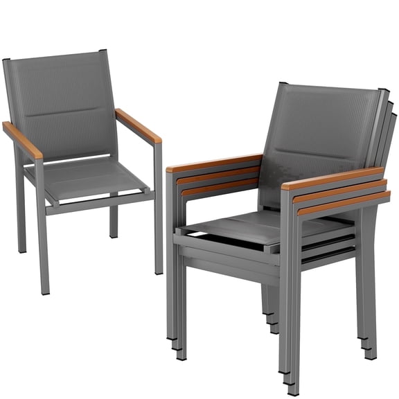 LIFERUN Patio Chairs Set of 4, Stackable Aluminum Outdoor Chair with Quilted Textilene & WPC Handrail, 17" Seat Height, All Weather Chair for Patio, Balcony, Poolside & Restaurants, Gray