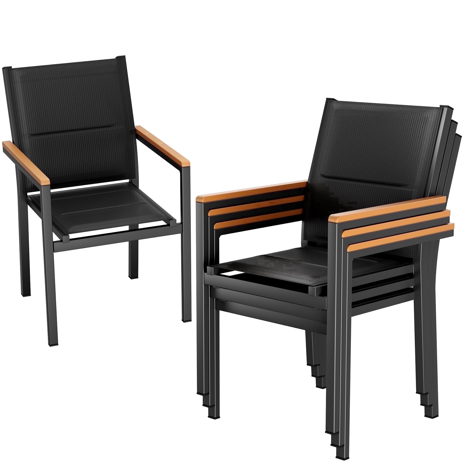 LIFERUN Patio Chairs Set of 4, Stackable Aluminum Outdoor Chair with Quilted Textilene & WPC Handrail, 17" Seat Height, All Weather Chair for Patio, Balcony, Poolside & Restaurants, Black