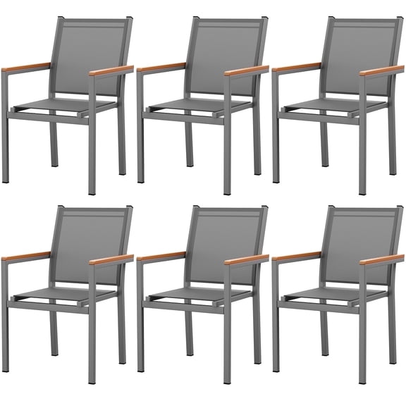 LIFERUN Patio Chairs Set of 6, Stackable Aluminum Dining Chair with Textilene Fabric & WPC Handrail, 17" Seat Height, All Weather Outdoor Chair for Poolside, Balcony, Terrace & Restaurants, Grey