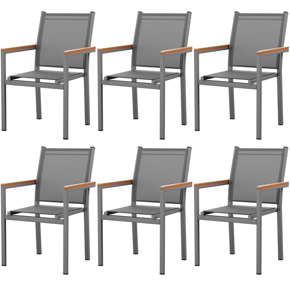 LIFERUN Patio Chairs Set of 6, Stackable Aluminum Dining Chair with Textilene Fabric & WPC Handrail, 17" Seat Height, All Weather Outdoor Chair for Poolside, Balcony, Terrace & Restaurants, Grey