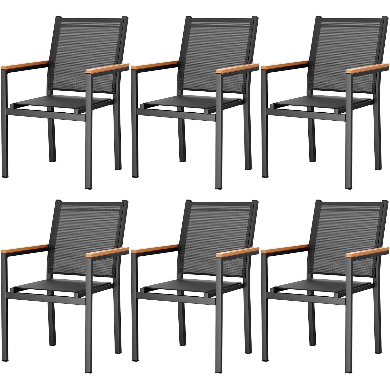 LIFERUN Patio Chairs Set of 6, Stackable Aluminum Dining Chair with Textilene Fabric & WPC Handrail, 17" Seat Height, All Weather Outdoor Chair for Poolside, Balcony, Terrace & Restaurants, Black