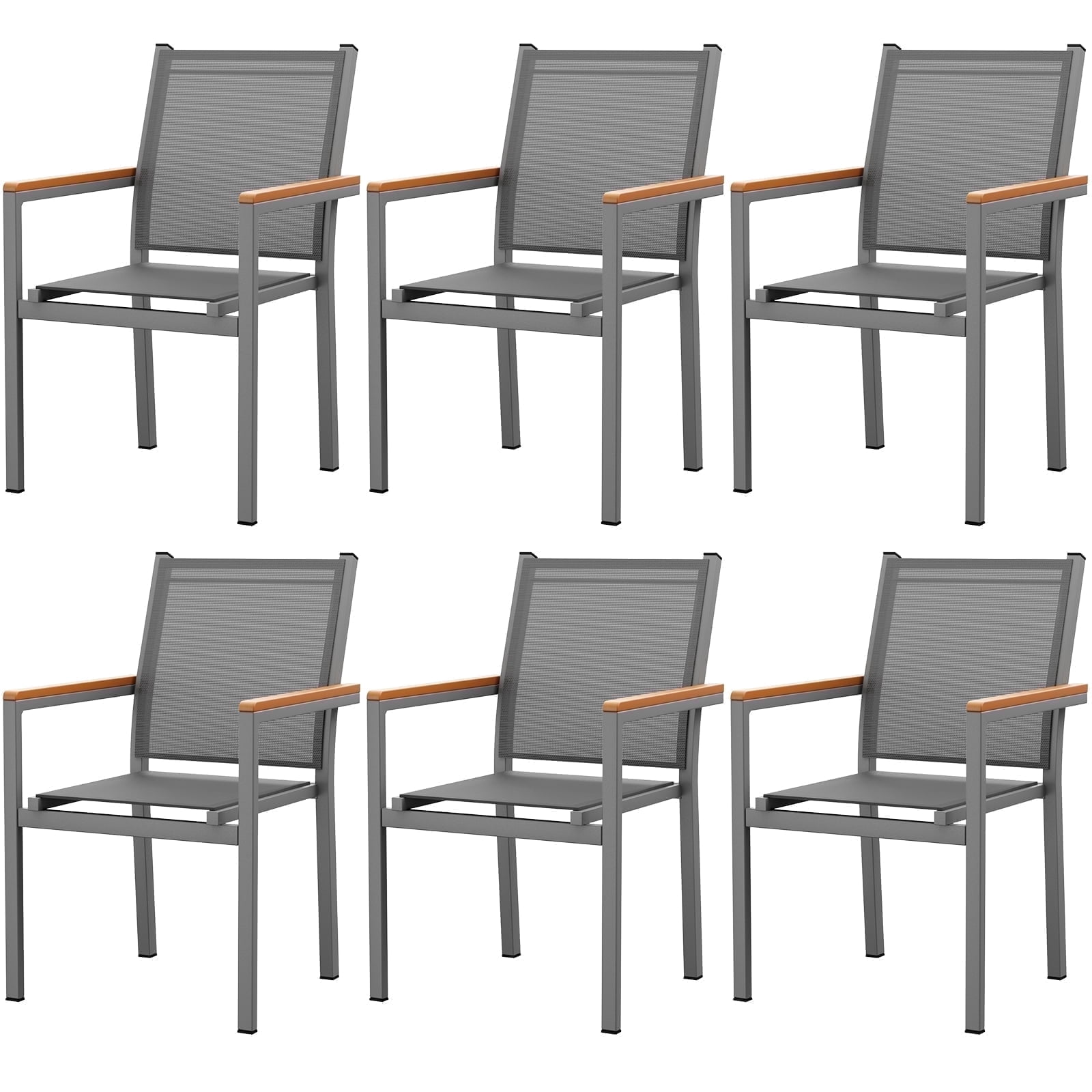 LIFERUN Patio Chairs Set of 6, Stackable Aluminum Dining Chair with Textilene Fabric & WPC Handrail, 17" Seat Height, All Weather Outdoor Chair for Poolside, Balcony, Terrace & Restaurants, Grey
