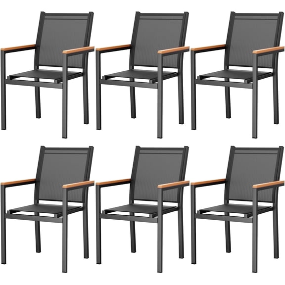 LIFERUN Patio Chairs Set of 6, Stackable Aluminum Dining Chair with Textilene Fabric & WPC Handrail, 17" Seat Height, All Weather Outdoor Chair for Poolside, Balcony, Terrace & Restaurants, Black