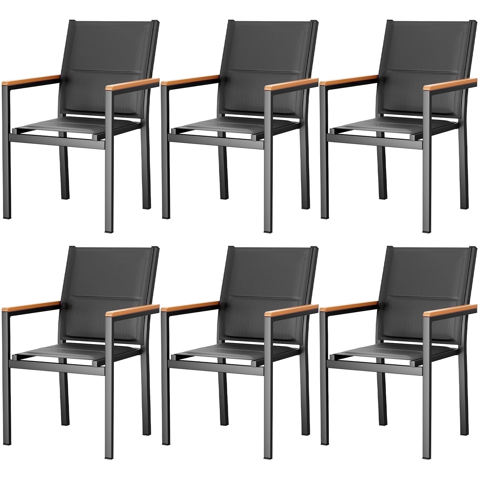 LIFERUN Patio Chairs Set of 6, Stackable Aluminum Outdoor Chair with Quilted Textilene & WPC Handrail, 17" Seat Height, All Weather Chair for Patio, Balcony, Poolside & Restaurants, Black