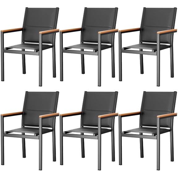 LIFERUN Patio Chairs Set of 6, Stackable Aluminum Outdoor Chair with Quilted Textilene & WPC Handrail, 17" Seat Height, All Weather Chair for Patio, Balcony, Poolside & Restaurants, Black