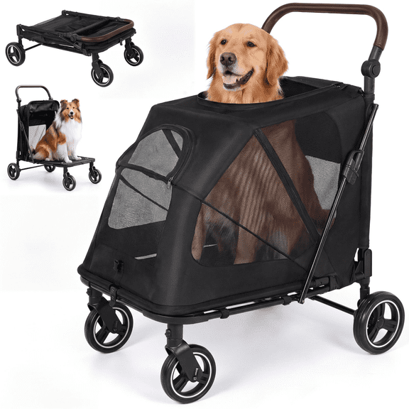 LIFERUN Pet Stroller for Medium & Large Dogs, Foldable Dog Stroller for 2 Small Dogs (Up to 66lbs), All Terrain Dog Wagon Stroller with Dual Entry, One-Step Brake & Adjustable Handle
