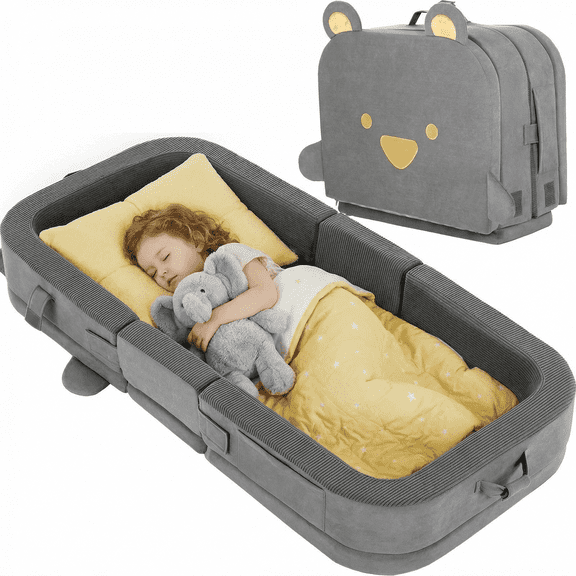 LIFERUN Foldable Toddler Travel Bed, Portable Toddler Floor Bed for Baby and Kids Aged 1-4, with Washable Cover, Safety Rail, for Home, Hotel, Camping