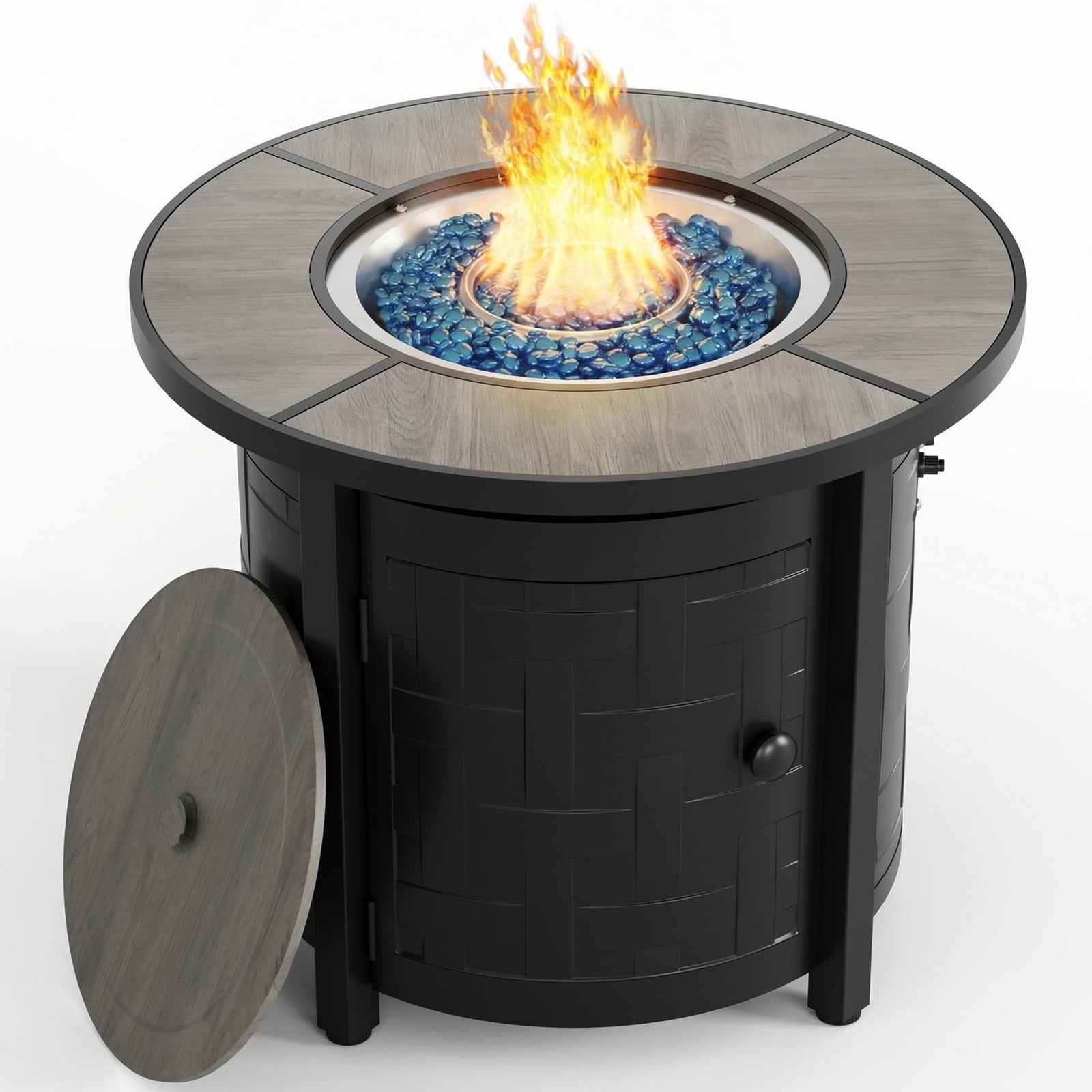LIFERUN Propane Fire Pit Table 30in, with Waterproof Cover, Blue Stone and Lid, 50,000 BTU Auto-Ignition Round Gas, for Outside Patio, Gray