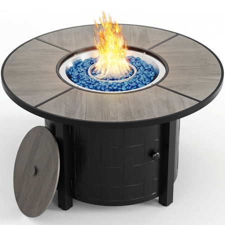 LIFERUN Propane Fire Pit Table 42in, with Waterproof Cover, Blue Stone and Lid, 50,000 BTU Auto-Ignition Round Gas, for Outside Patio, Gray