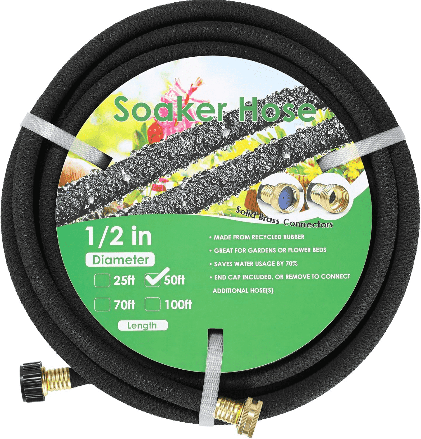 LIFERUN Soaker Hose 50 ft 1/2", Rubber, Solid Brass Connectors, Heavy Duty Drip Hose to Save 70% Water, for Garden, Lawn and Yard