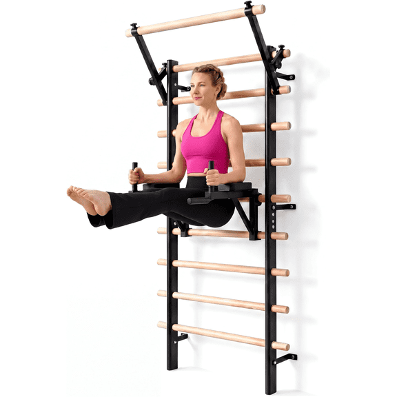 LIFERUN Swedish Ladder Wall Gym, 92" Solid Beechwood Stall Bars, 264lbs Capacity, Adjustable Pull-Up & Dip Bar Attachments, Wall Mounted, 9 Anchor Rods for Home, School, Physical Therapy, Gymnastics