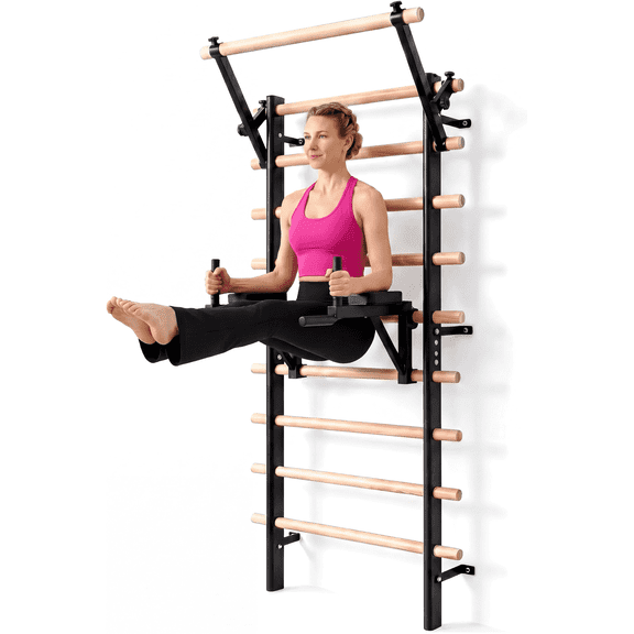 LIFERUN 92" Swedish Ladder Wall Gym, Solid Beechwood Stall Bars, 264lbs Capacity, Adjustable Pull-Up & Dip Bar Attachments, Wall Mounted, 9-Rung Wall-Mounted Home Gym for Strength Training, Stretchin