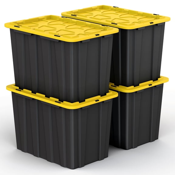 LIFETIME 4 PACK of X-Large 23 Gallon Plastic Storage Bin Tote Organizing Container with Secure Latching Lids, Stackable, Extra Strength with Built in Handle - Black & Yellow
