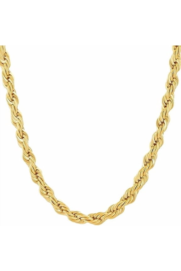 6mm Rope Chain Necklace 24k Real Gold Plated- Women and Men (36 inches)