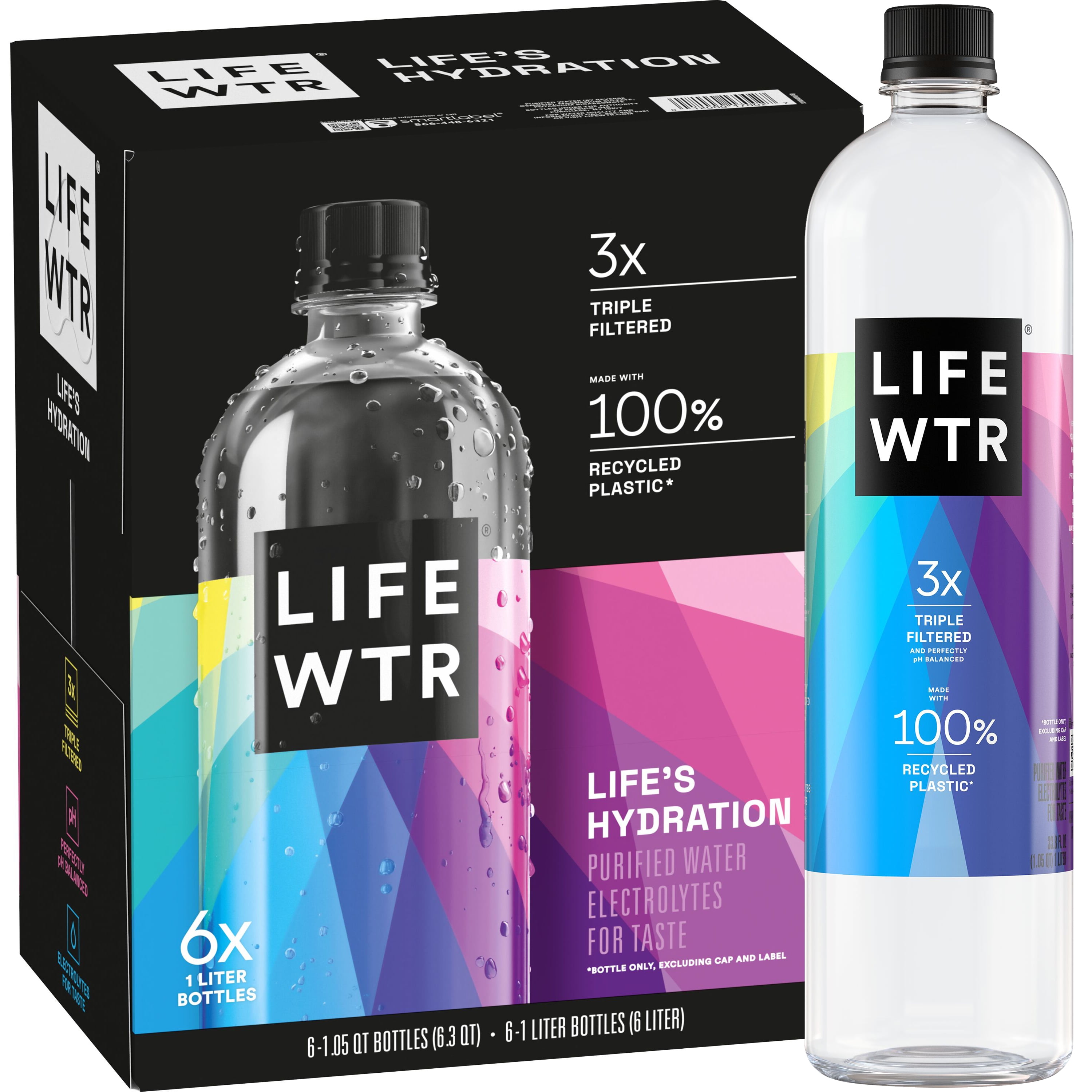 LIFEWTR Purified Drinking Water, 1 Liter, 6 Pack Plastic Bottles
