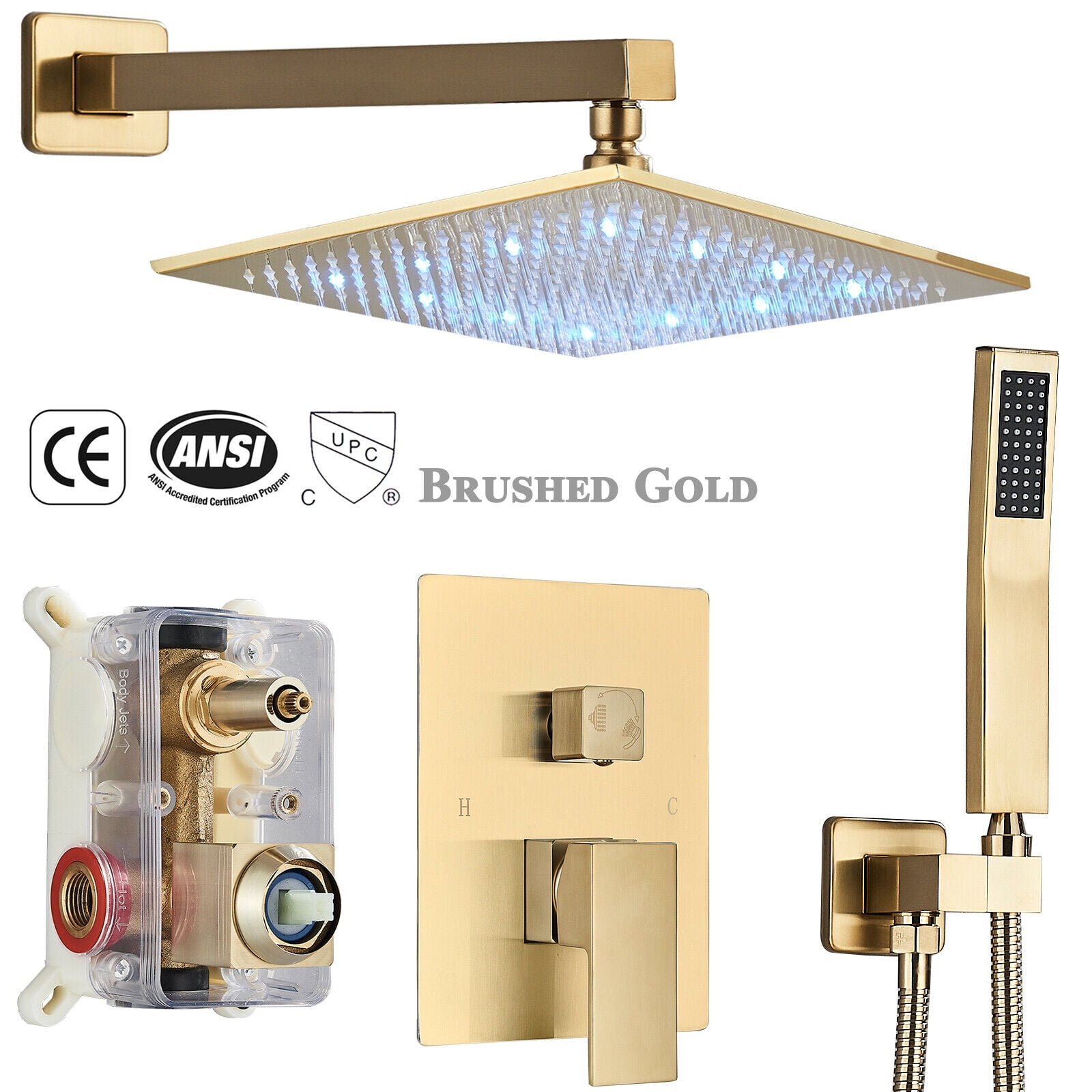 LIFFSSDG 12 inch LED Rain Shower Kit System Ceiling Mount, Square Rainfall Shower Head with